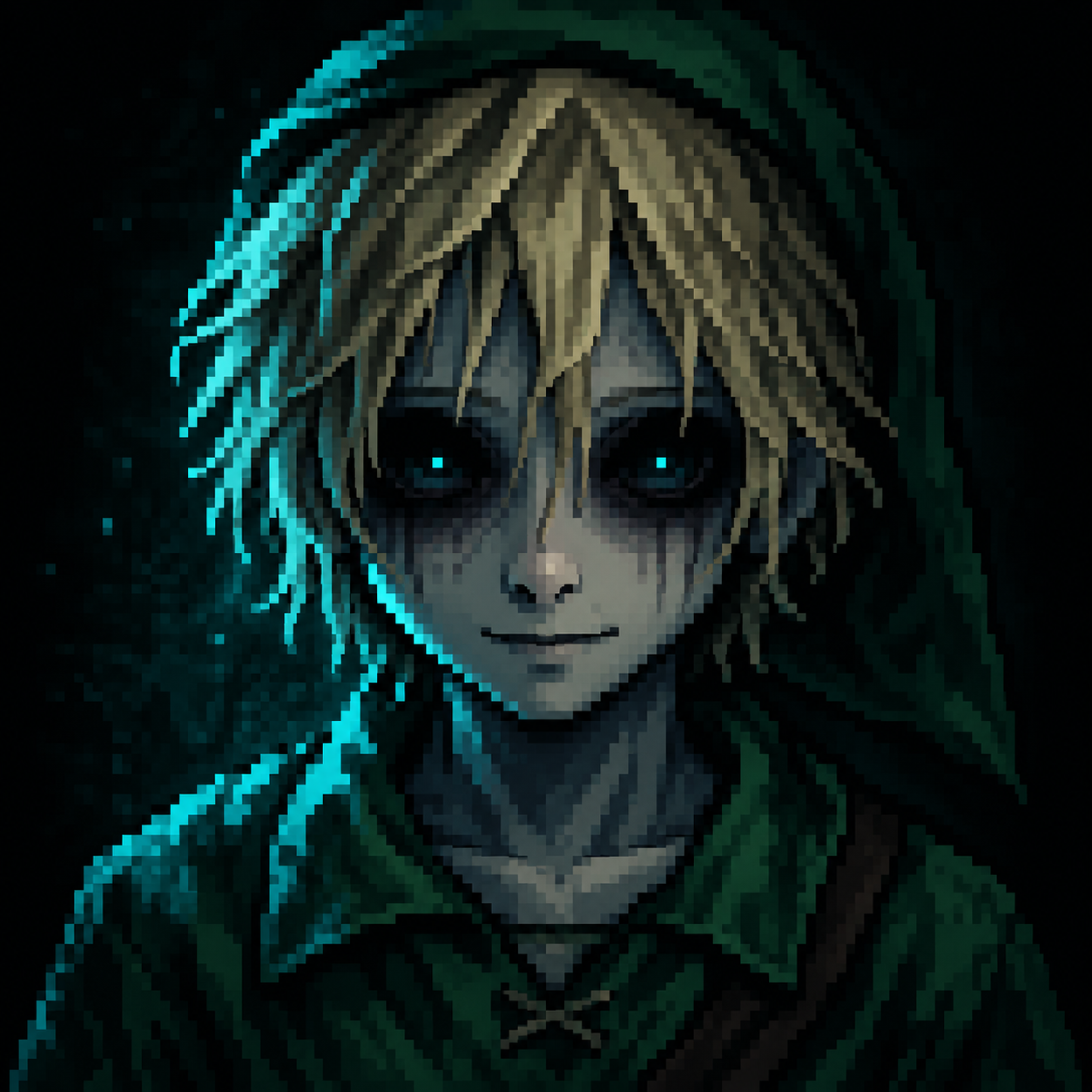 Nyxen hooded character portrait with cyan glow